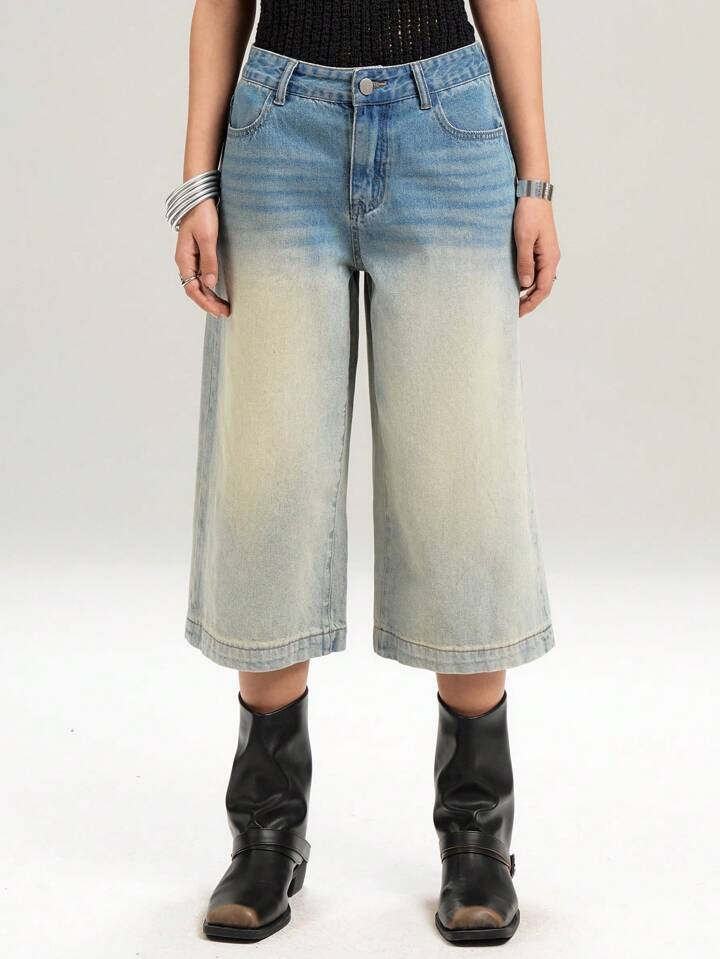 CM-BS655311 Women Casual Seoul Style Pocketed Wide Leg Loose 7/8 Length Denim Jeans