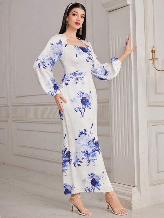 CM-DS919193 Women Elegant Seoul Style Square Neck Floral Print Lantern Sleeve Dress
