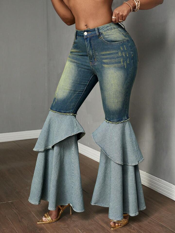 CM-BS271478 Women Casual Seoul Style Dark Wash Double-Layered Ruffle Hem Zip Hem Jeans