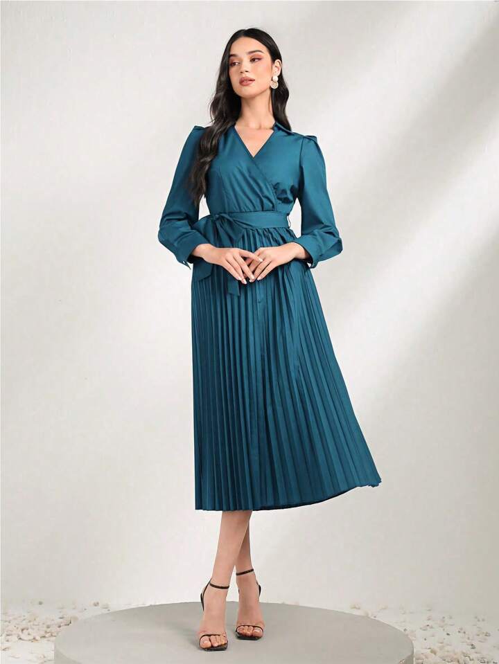 CM-DS800036 Women Elegant Seoul Style Solid Color Pleated Hem Wrap Belted Dress - Navy Blue