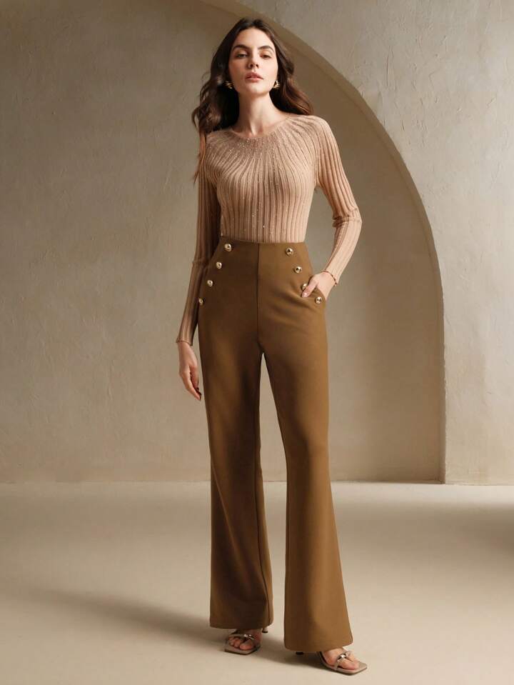 CM-BS159857 Women Elegant Seoul Style Metal Buckle Decor Slim Fit Flare Pants - Brown