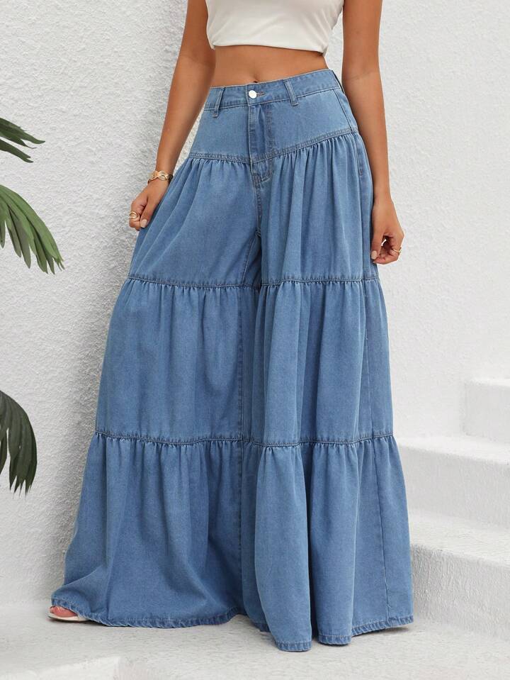CM-BS053530 Women Casual Seoul Style Light Wash High Waist Ruffle Hem Wide Leg Jeans