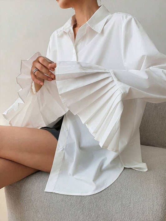 CM-TS094349 Women Casual Seoul Style Collar Neckline Asymmetrical Ruffled Cuffs Shirt - White
