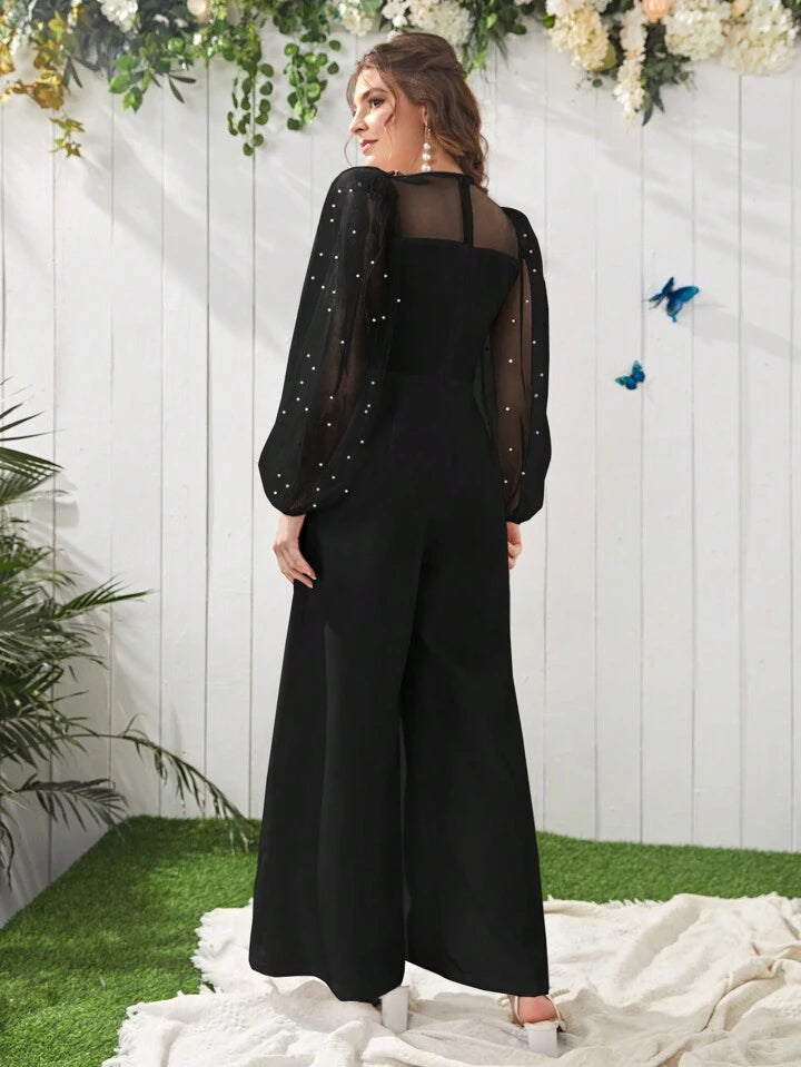 CM-JS016873 Women Elegant Seoul Style Dobby Mesh Zip Back Culottes Jumpsuit - Black