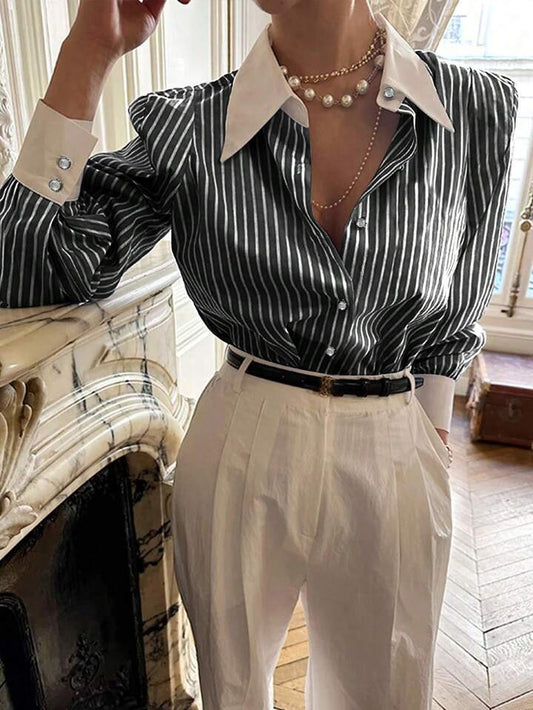 CM-TS686288 Women Casual Seoul Style Striped Button-Up Shirt Collar Long Sleeve Blouse - Black