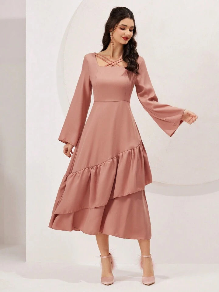 CM-DS155455 Women Elegant Seoul Style V-Neck Bell Sleeve Ruffle Hem A-Line Dress - Pink