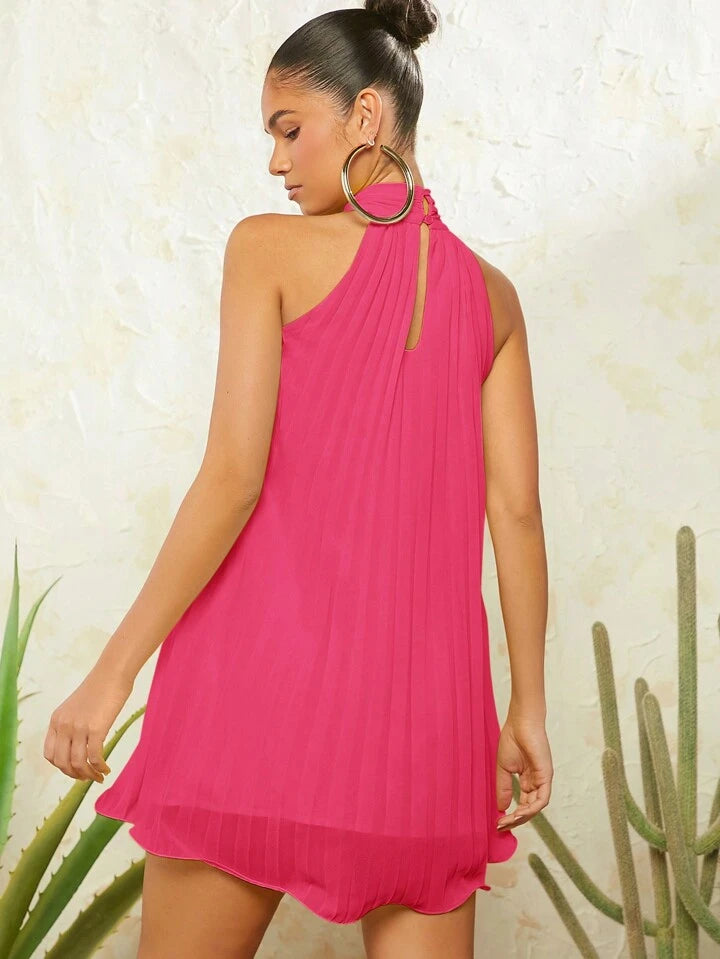 CM-DS197771 Women Elegant Seoul Style Draped Tie Neck Pleated Solid Dress - Hot Pink