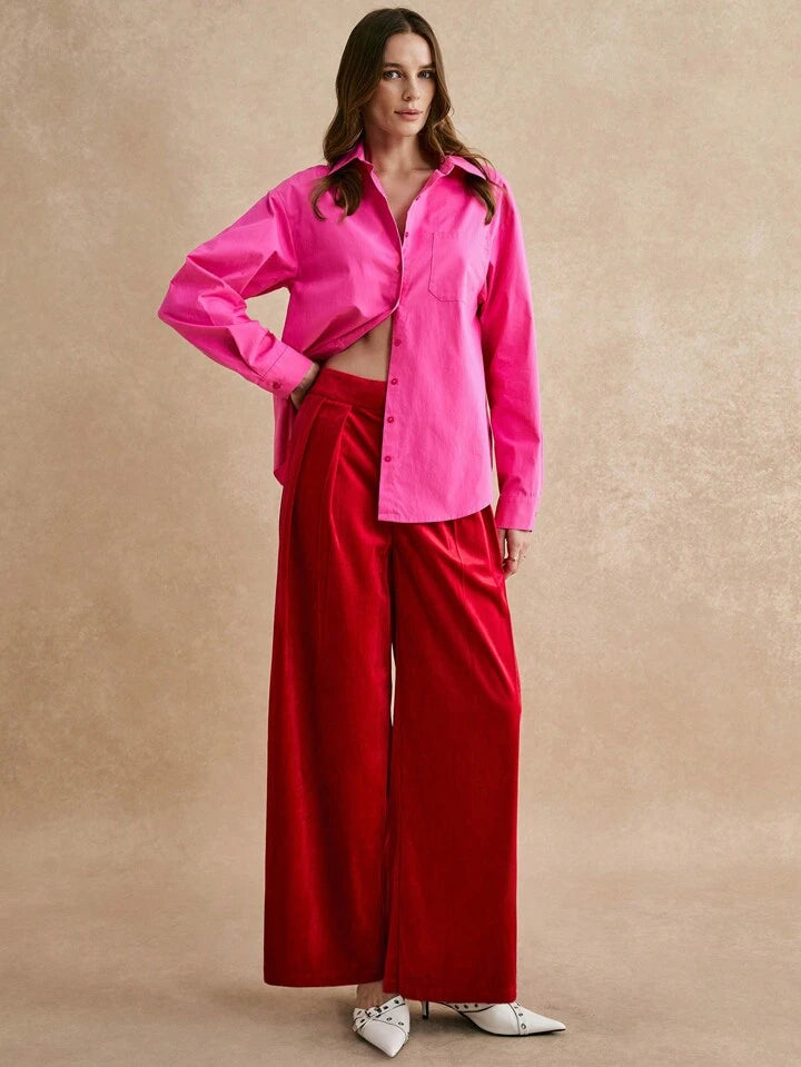 CM-BS143380 Women Elegant Seoul Style Waistband Double Button Velvet Pleated Trousers - Red