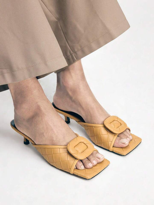CM-SHS773826 Women Trendy Seoul Style Square Toe Low Heel Sandals - Khaki