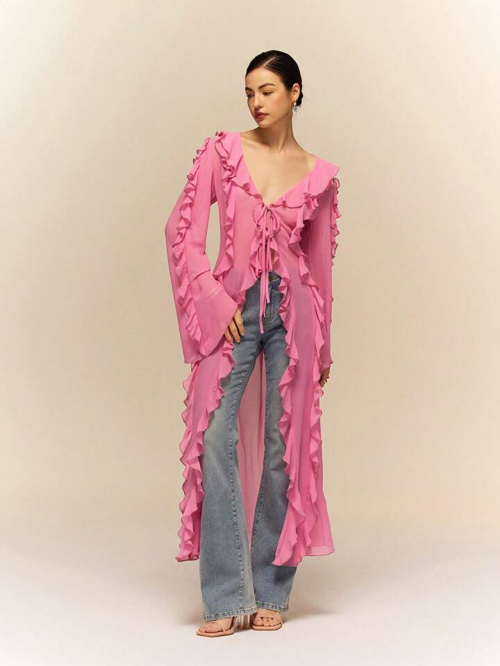 CM-TS168445 Women Casual Seoul Style Ruffle Tie Neck Extra Long Sleeve Sheer Long Shirt - Pink