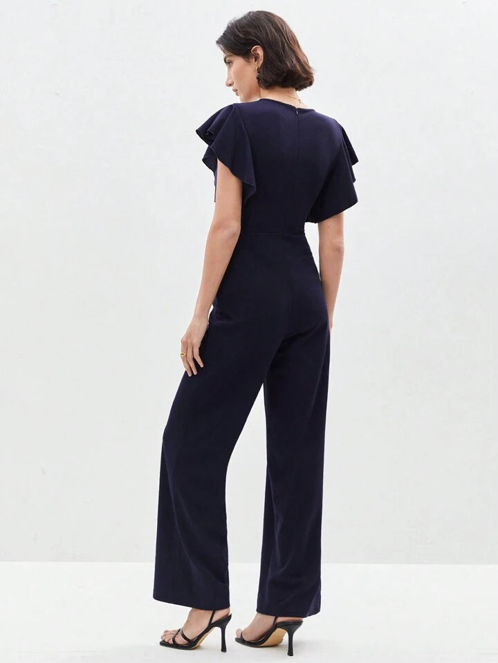CM-JS542802 Women Elegant Seoul Style Butterfly Sleeve Chain Decorated Jumpsuit - Navy Blue