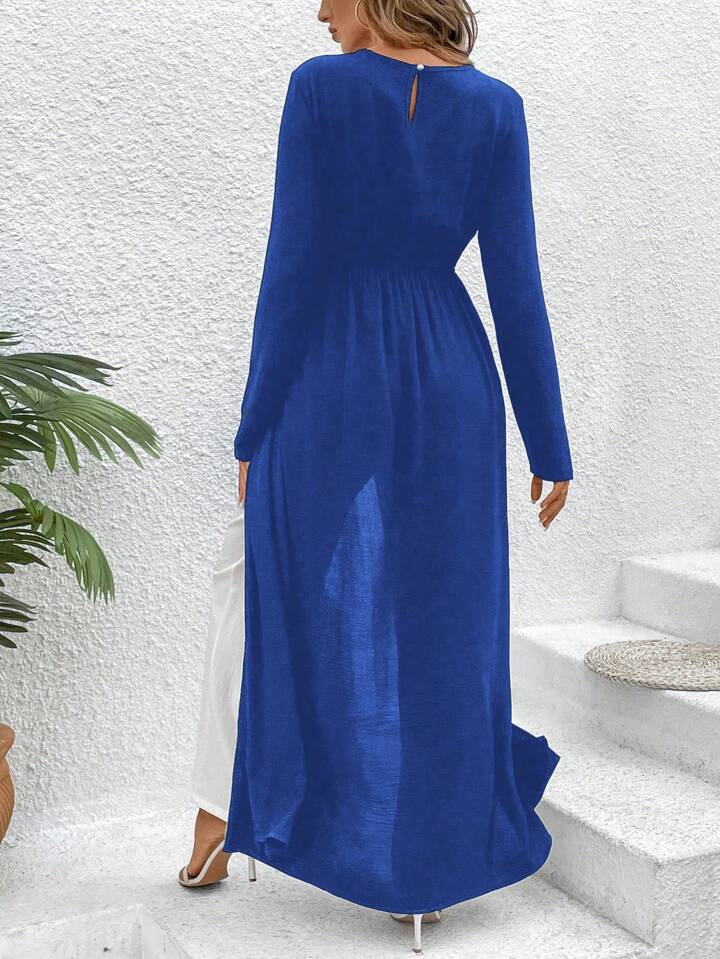 CM-SS007337 Women Casual Seoul Style Round Neck Slit Pleated Long Top With Straight Pants - Royal Blue