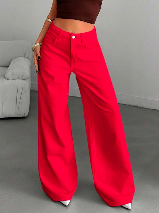 CM-BS216874 Women Casual Seoul Style High-Waisted Wide-Leg Denim Jeans - Red