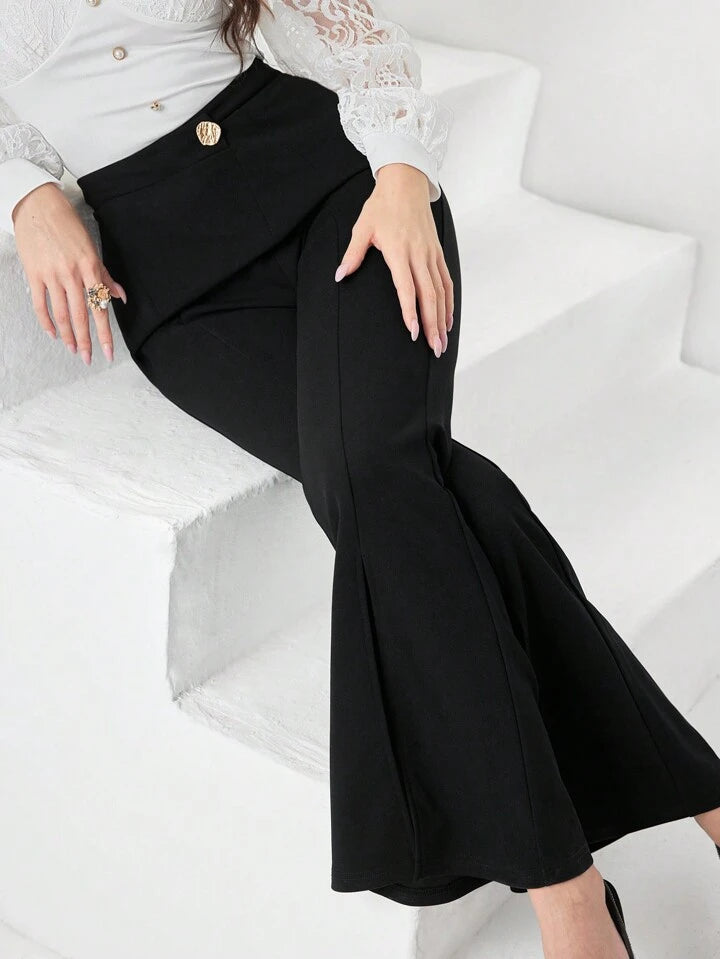 CM-BS761237 Women Casual Seoul Style High Waist Split Hem Flare Leg Pants - Black