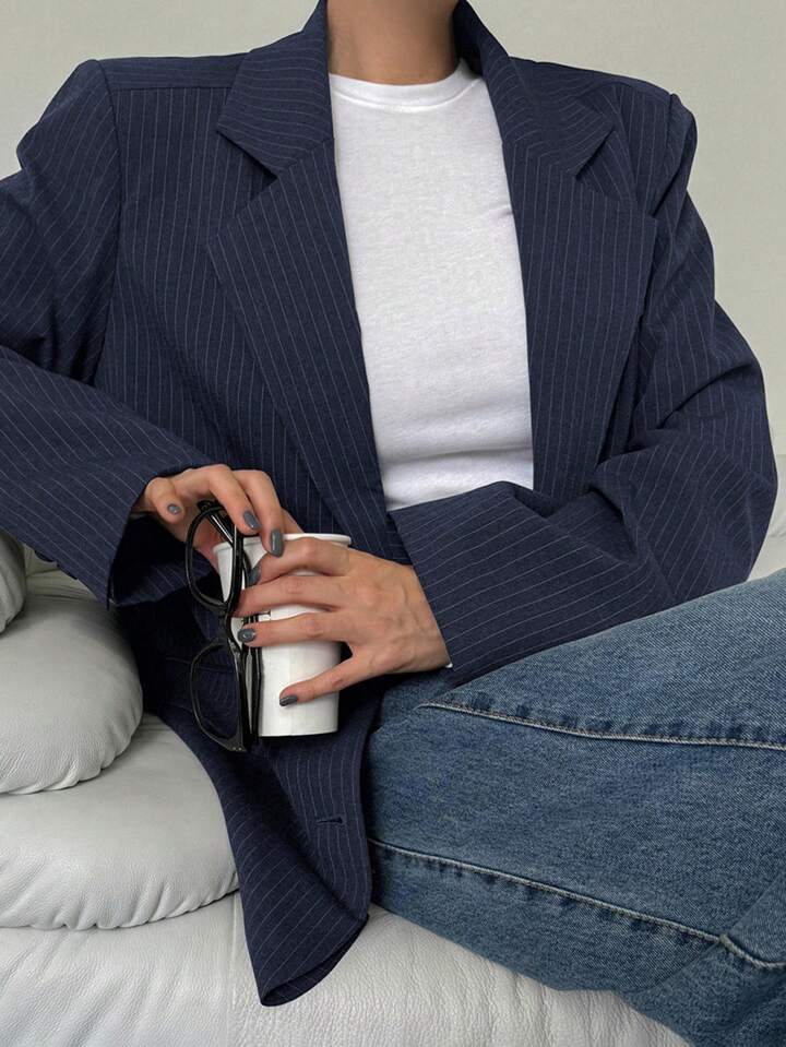 CM-CS910221 Women Elegant Seoul Style Striped Lapel Neckline Long Sleeve Suit Jacket - Gray