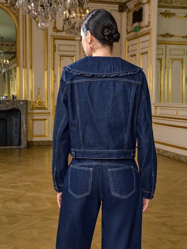 CM-CS053813 Women Casual Seoul Style Lapel Frill Trim Long Sleeve Loose Denim Jacket - Blue