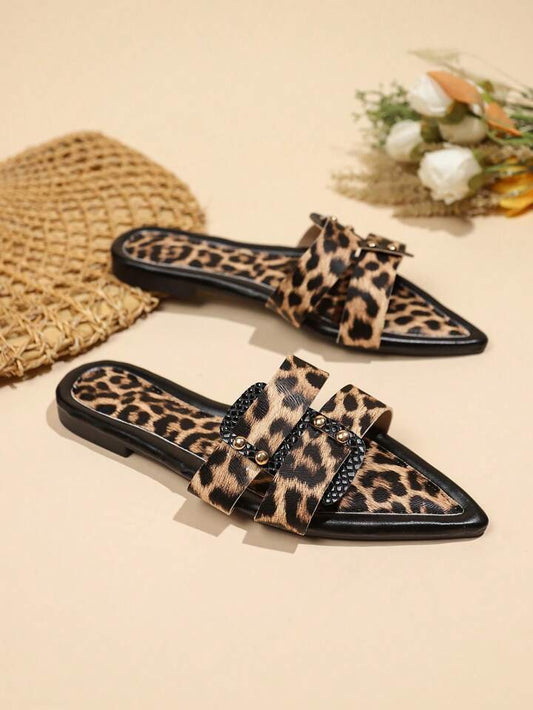 CM-SHS116812 Women Trendy Seoul Style Leopard Print Pointed Rivet Decoration Flat Slippers