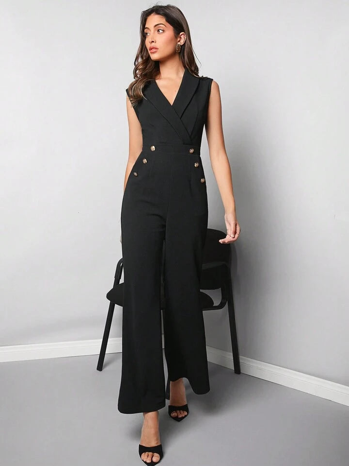 CM-JS651161 Women Elegant Seoul Style Shawl Collar Sleeveless Skinny Jumpsuit - Black
