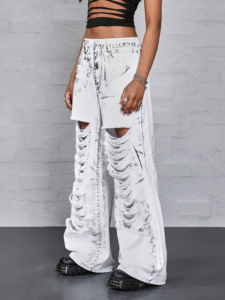 CM-BS860642 Women Casual Seoul Style Digital Printed Distressed Washed Denim Jeans - White