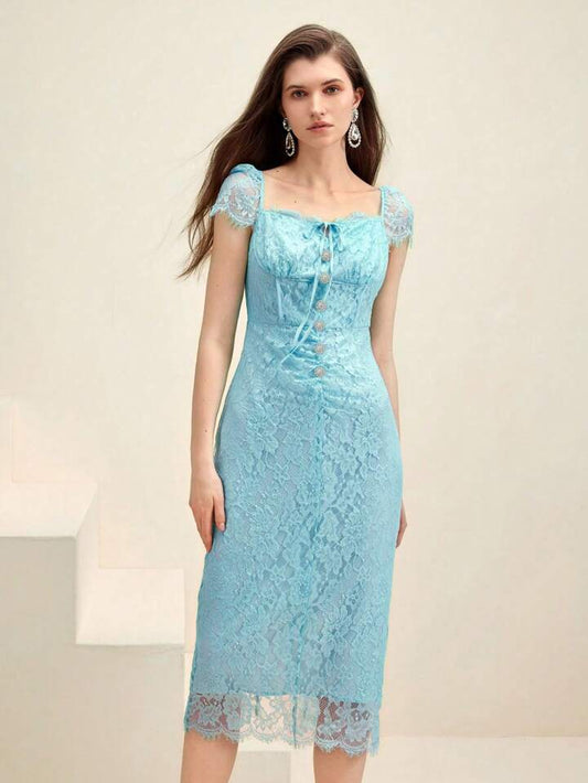 CM-DS057047 Women Elegant Seoul Style Contrast Lace Sweetheart Neckline Midi Dress - Baby Blue