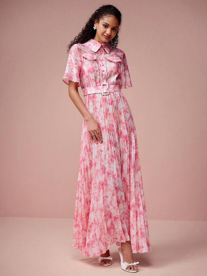 CM-DS632377 Women Elegant Seoul Style Floral Print Lapel Neckline Short Sleeve Belt Pleated Hem Dress