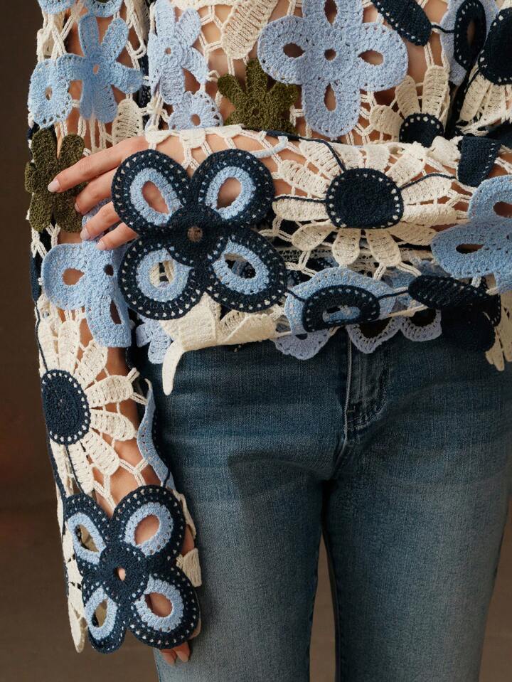 CM-CS203085 Women Trendy Bohemian Style Floral Hollow Out Knitted Long Sleeve Pullover Cover Up