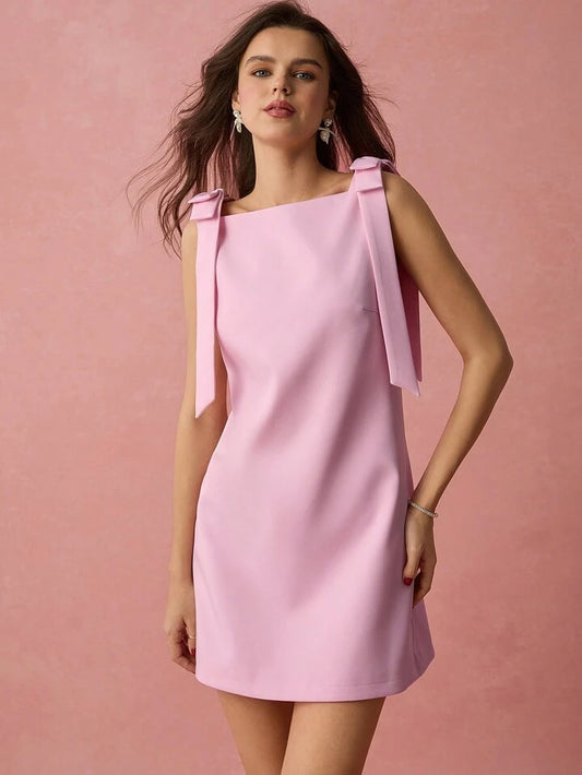 CM-DS892939 Women Elegant Seoul Style Bowknot Asymmetrical Neck Sleeveless Mini Dress - Pink