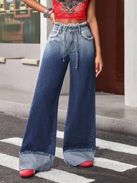 CM-BS839455 Women Casual Seoul Style Light Wash Mid Waist Ombre Frayed Hem Wide Leg Jeans