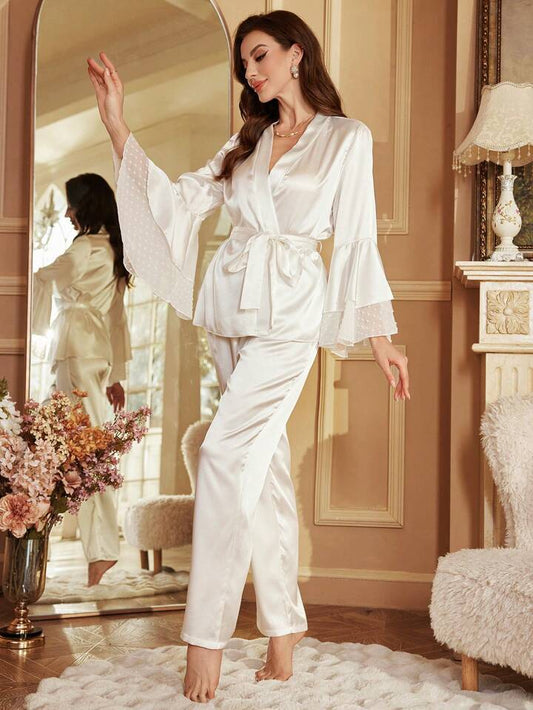 CM-LS689776 Women Trendy Seoul Style Shawl Collar Lace Flared Sleeve Pajama Set - White