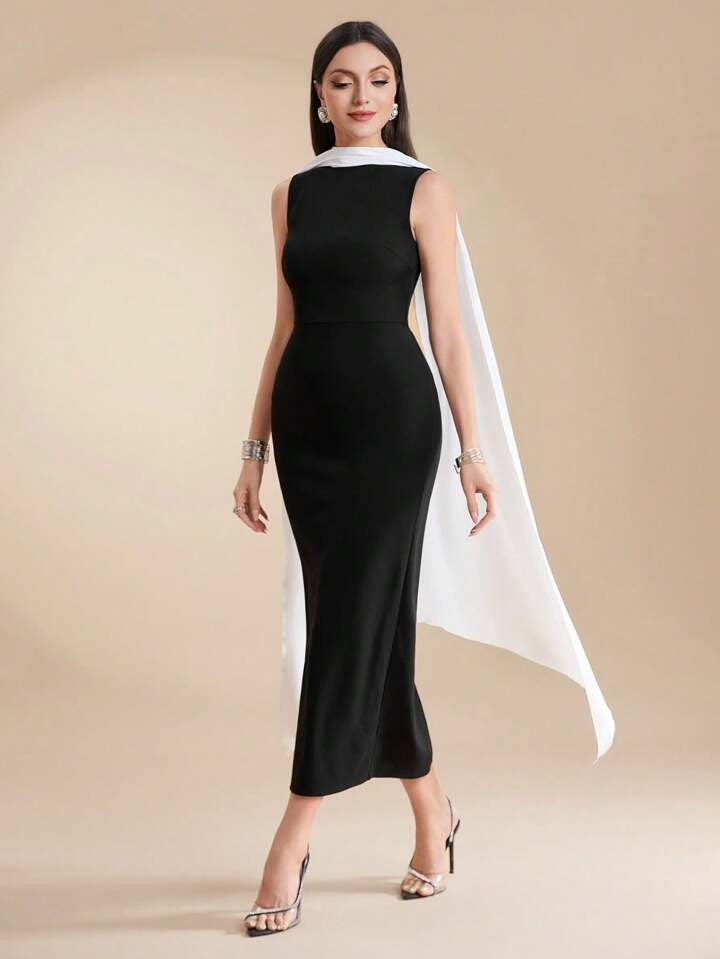 CM-DS164382 Women Elegant Seoul Style Colorblock Slim Fit Sleeveless Midi Dress - Black