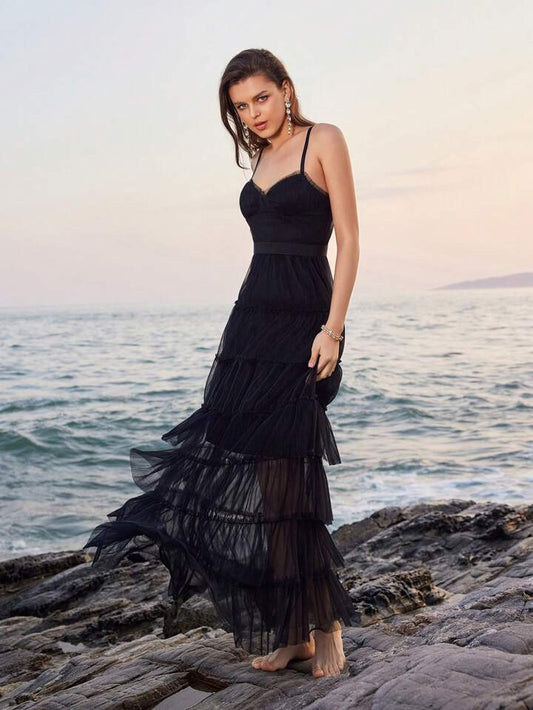 CM-DS477241 Women Elegant Seoul Style Mesh Cami SleevelessHigh Waist Layered Dress - Black