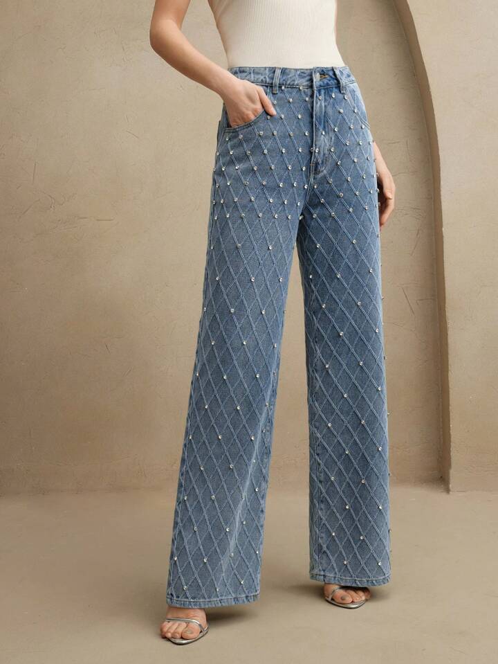 CM-BS388817 Women Elegant Seoul Style Mid Waist Beaded Embellished Straight Leg Jeans - Blue