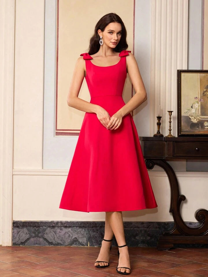 CM-DS182268 Women Elegant Seoul Style Double Bow Strap Design Sleeveless Solid Color Midi Dress - Red