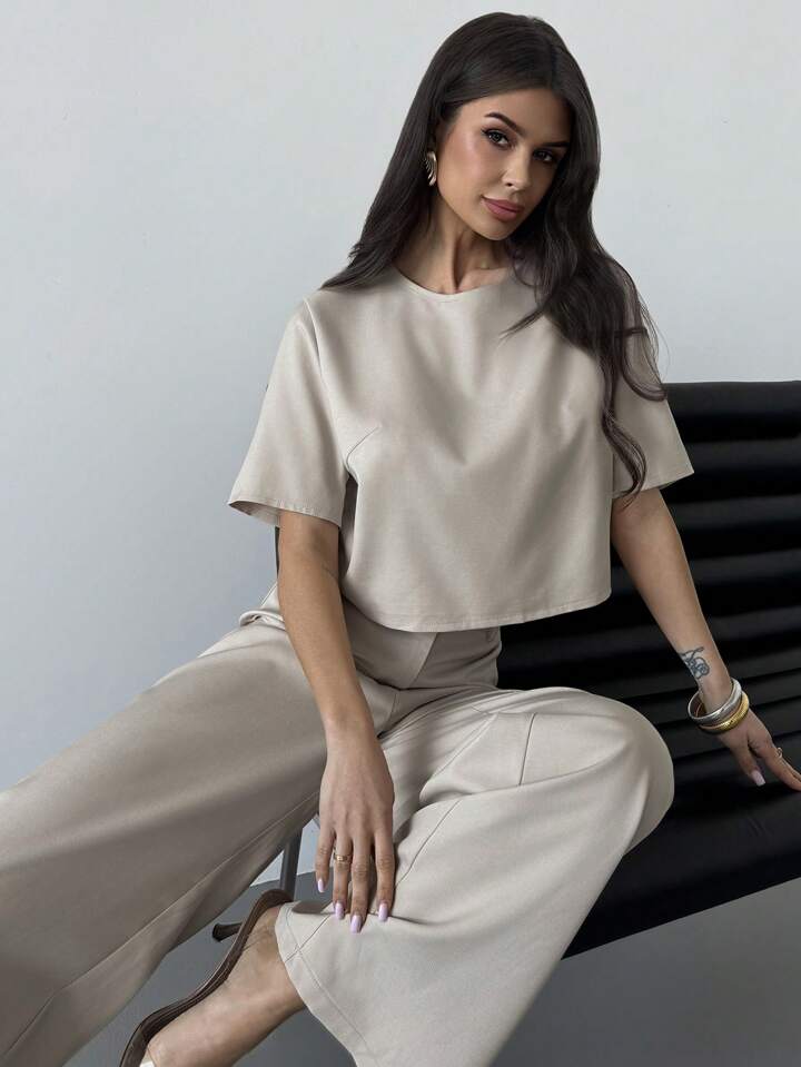 CM-SS569920 Women Casual Seoul Style Solid Color Round Neck Cropped Shirt With Wide Leg Pants - Set