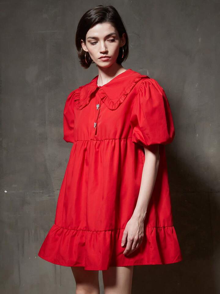 CM-DS665783 Women Elegant Seoul Style Peter Pan Collar Short Puff Sleeve Dress - Red