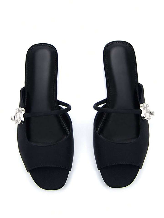 CM-SHS625557 Women Trendy Seoul Style Silver Crystal Embellished Ankle Strap Open Toe Flat Mule Sandals - Black