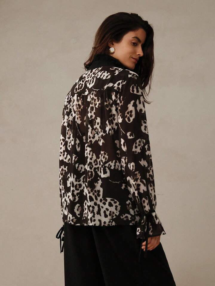 CM-TS942907 Women Elegant Seoul Style Sheer Dip Dye Printed Chiffon Blouse - Black