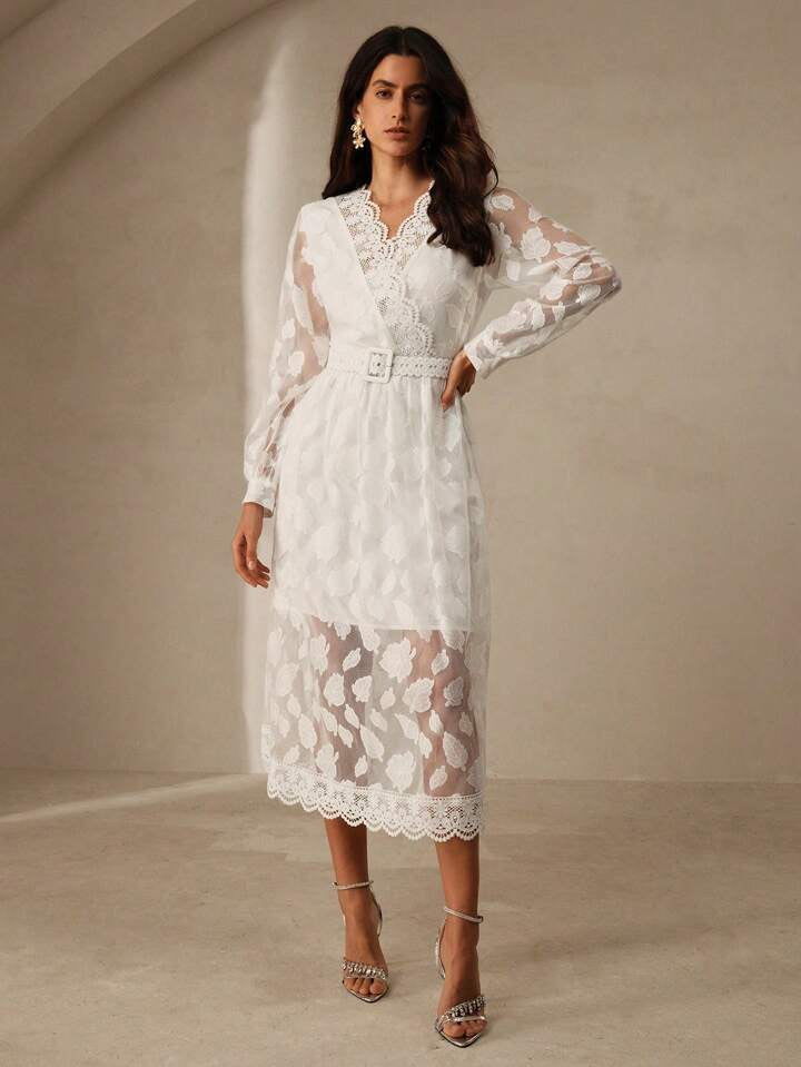 CM-DS009215 Women Elegant Seoul Style Lace Hollow Out Floral Cut V-Neck Puff Sleeve Cinched Midi Dress