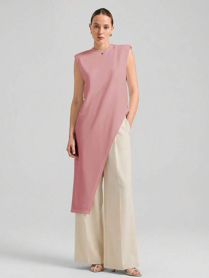 CM-TS641430 Women Casual Seoul Style Round Neck Wide Shoulder Sleeveless Asymmetric Hem Mid-Length Top - Pink