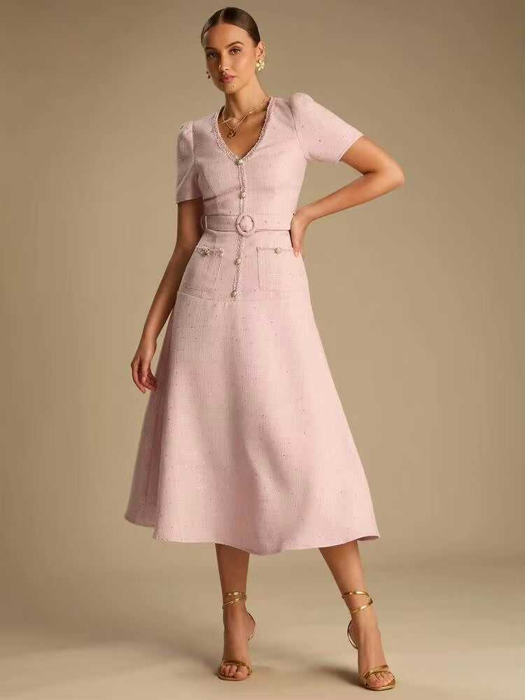 CM-DS427774 Women Elegant Seoul Style V-Neck Short Sleeve Sequin Decoration Belted A-Line Dress - Pink