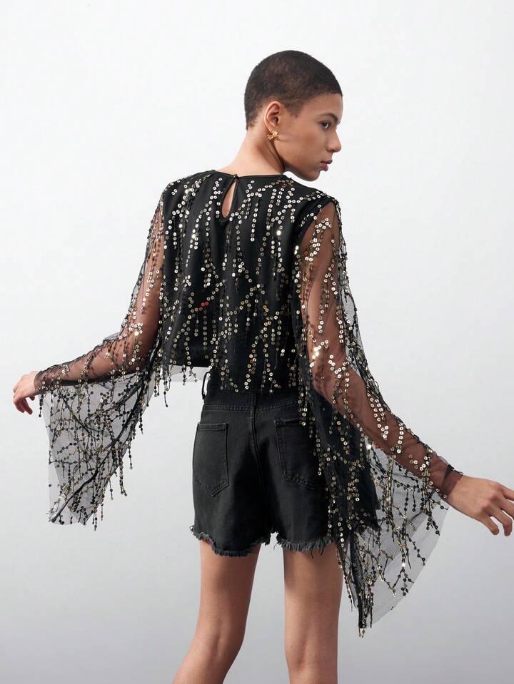 CM-TS219613 Women Elegant Seoul Style Round Neck Sequined Mesh Flare Sleeves Top