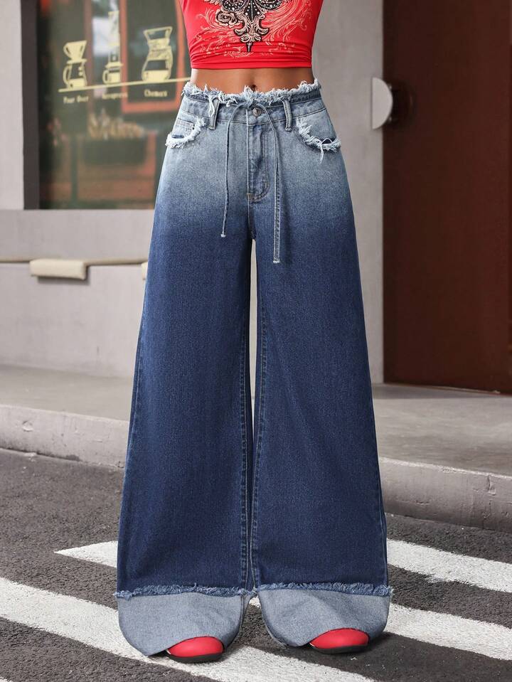 CM-BS839455 Women Casual Seoul Style Light Wash Mid Waist Ombre Frayed Hem Wide Leg Jeans