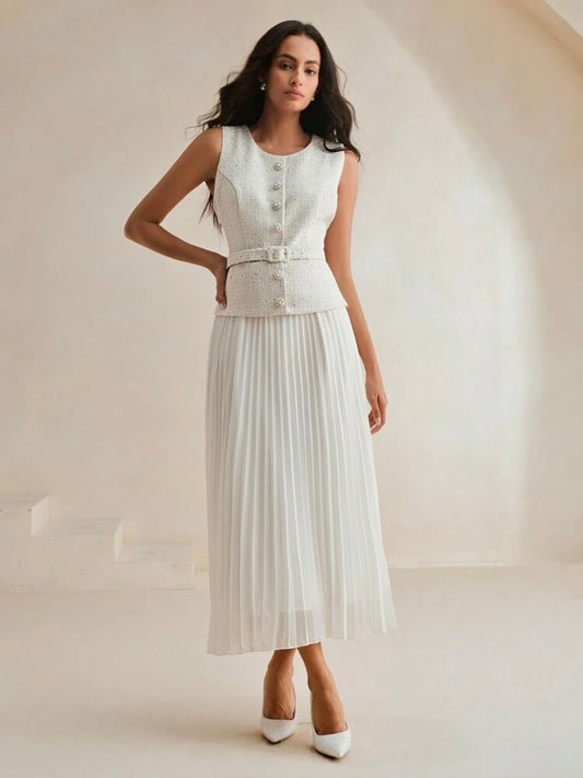 CM-DS936383 Women Elegant Seoul Style Contrast Chiffon Pleated Sleeveless Long Dress - White