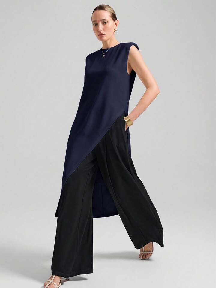 CM-TS650348 Women Casual Seoul Style Round Neck Wide Shoulder Sleeveless Asymmetric Hem Mid-Length Top - Navy Blue
