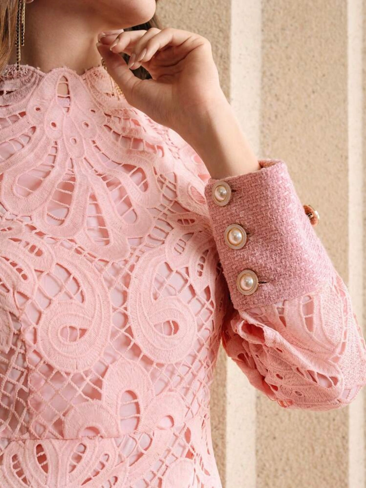 CM-DS111105 Women Elegant Seoul Style Stand Collar Long Sleeve Lace Patchwork Cheongsam Dress - Pink
