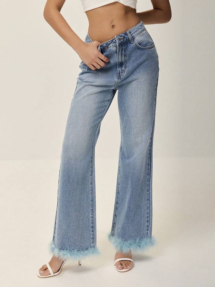 CM-BS588115 Women Casual Seoul Style Medium Wash Fluffy Patchwork Loose Flare Leg Jeans