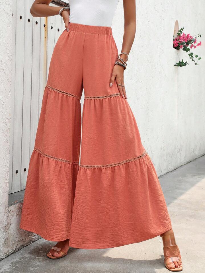 CM-BS435184 Women Trendy Bohemian Style Split Lace Patchwork Wide Leg Pants - Coral Pink