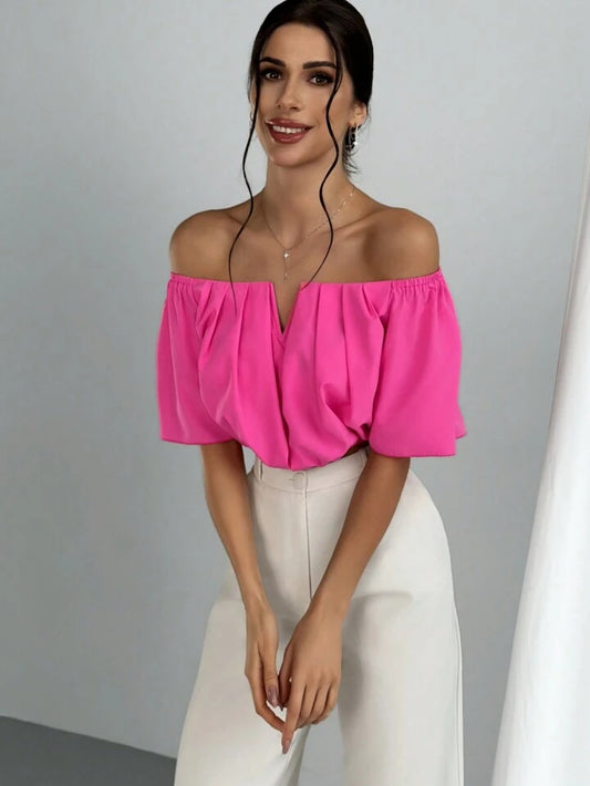 CM-TS963720 Women Casual Seoul Style Off the Shoulder V-Neck Cropped Blouse - Hot Pink
