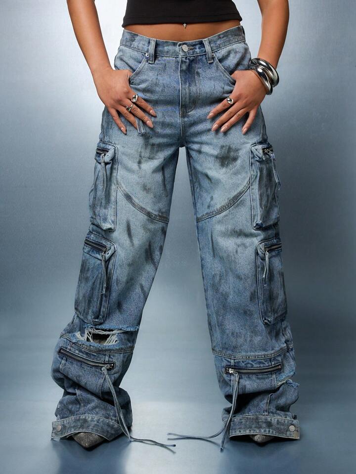 CM-BS206104 Women Casual Seoul Style Zipper Fly Baggy Cargo Denim Jeans - Blue