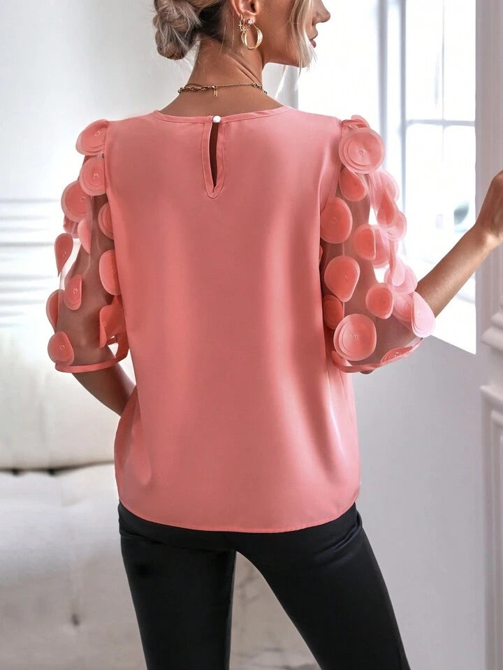 CM-TS384444 Women Casual Seoul Style Round Neck Contrast Mesh Sleeve Blouse - Coral Pink